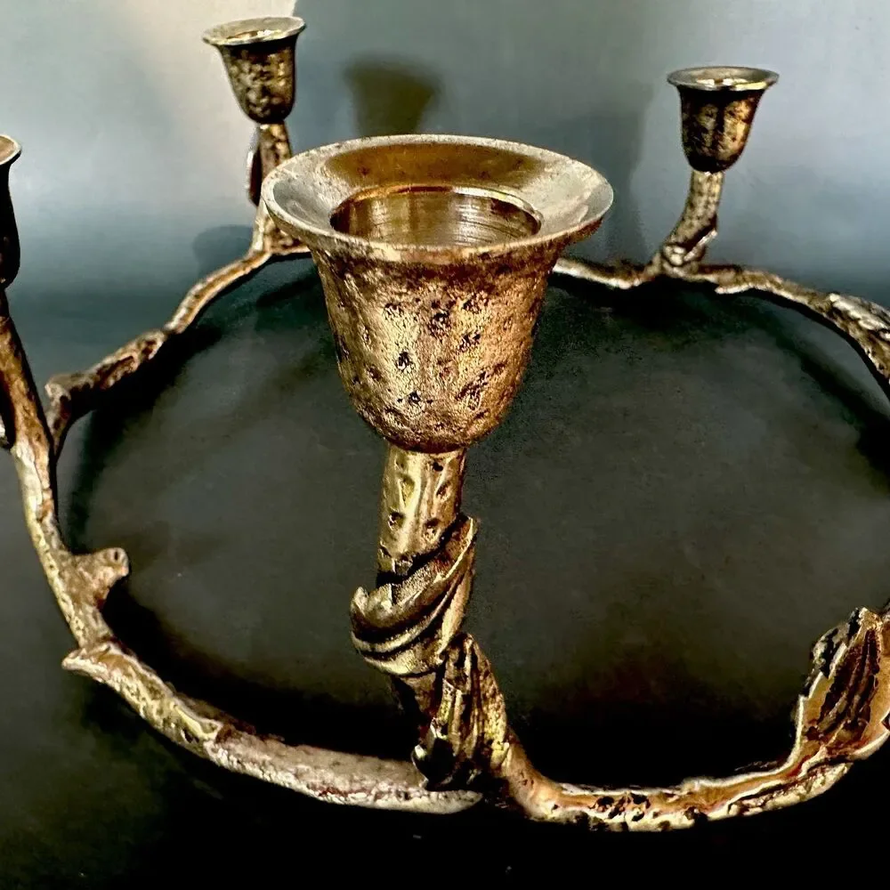 VTG Heavy Cast Metal 5 Taper Candle Holder Twig Branch Wreath Advent Centerpiece